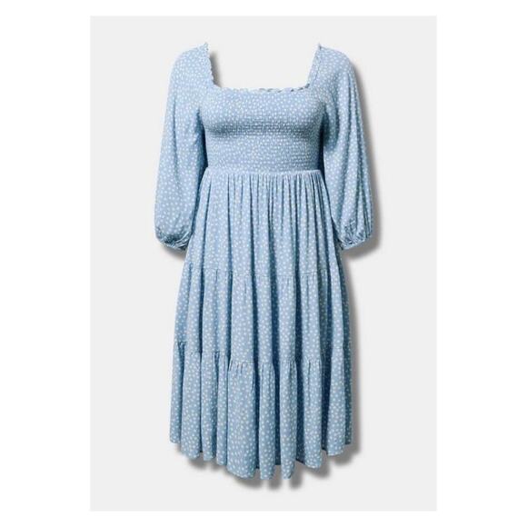 Torrid Blue Dot Smocked Bodice Crinkle Gauze Midi Dress Sz.2 - Picture 4 of 16